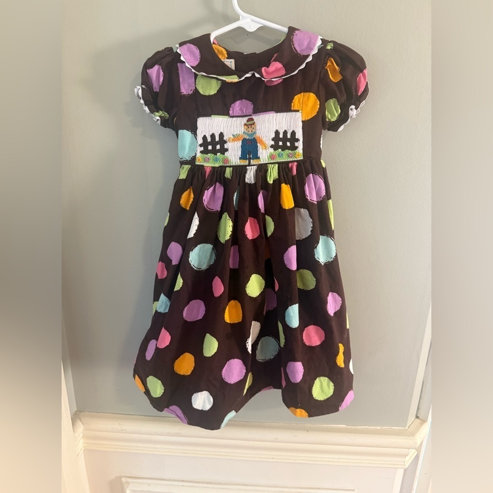 Marmellata Smocked Dress Girls 2T Brown Polka Dot Scarecrow Applique